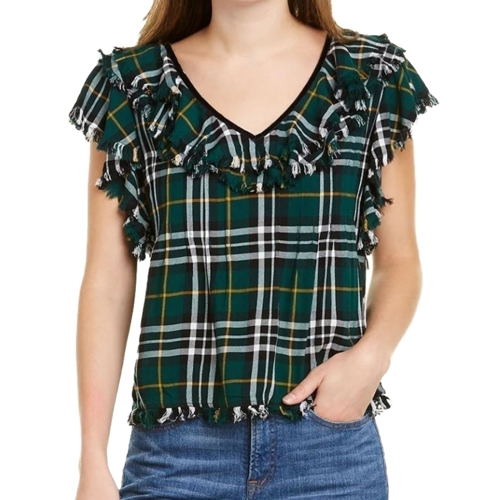 Faherty Green Plaid Yosepha Ruffle Fringe Top